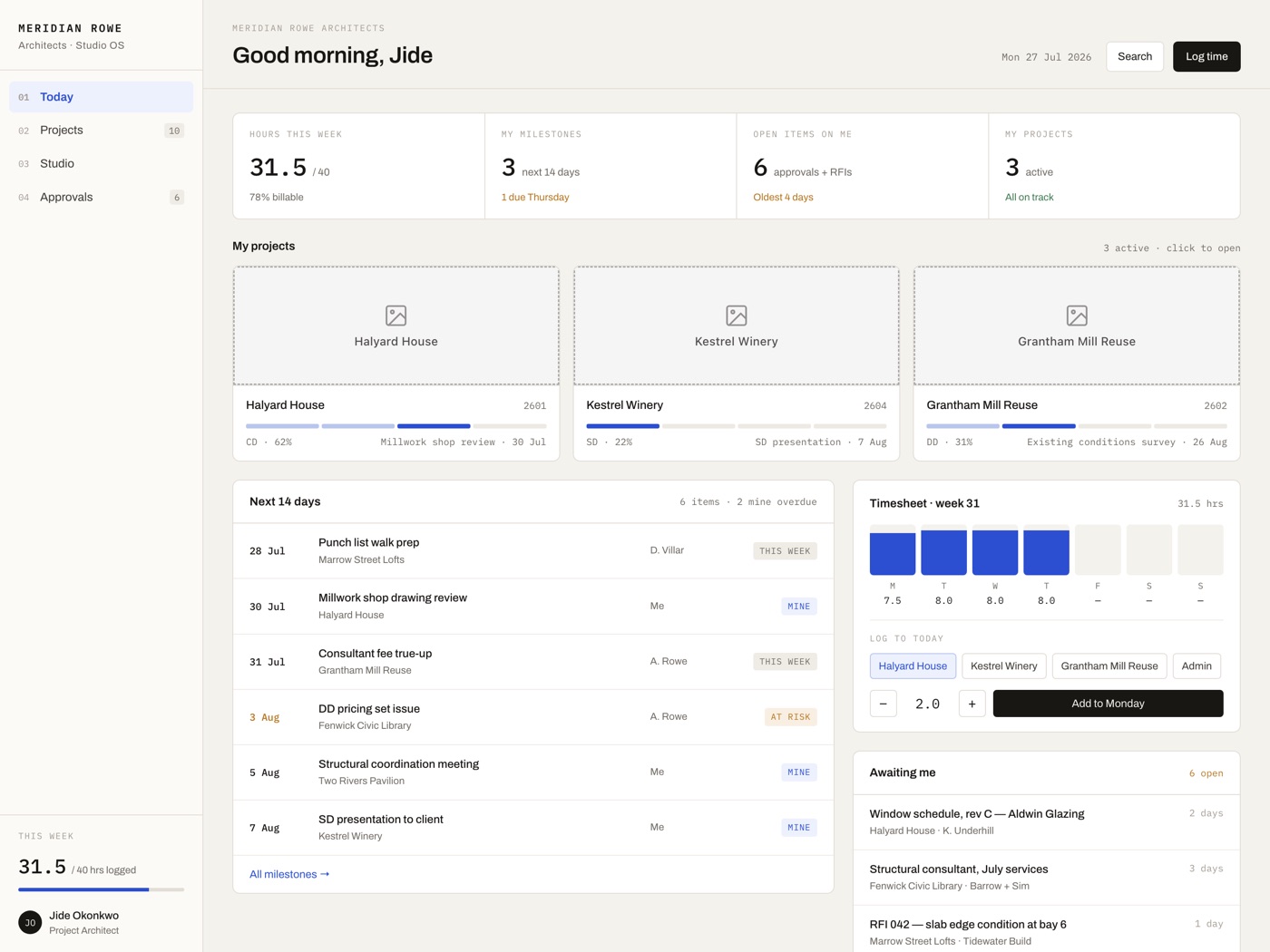 Meridian Rowe studio dashboard showing hours this week, active projects, upcoming milestones, and a weekly timesheet