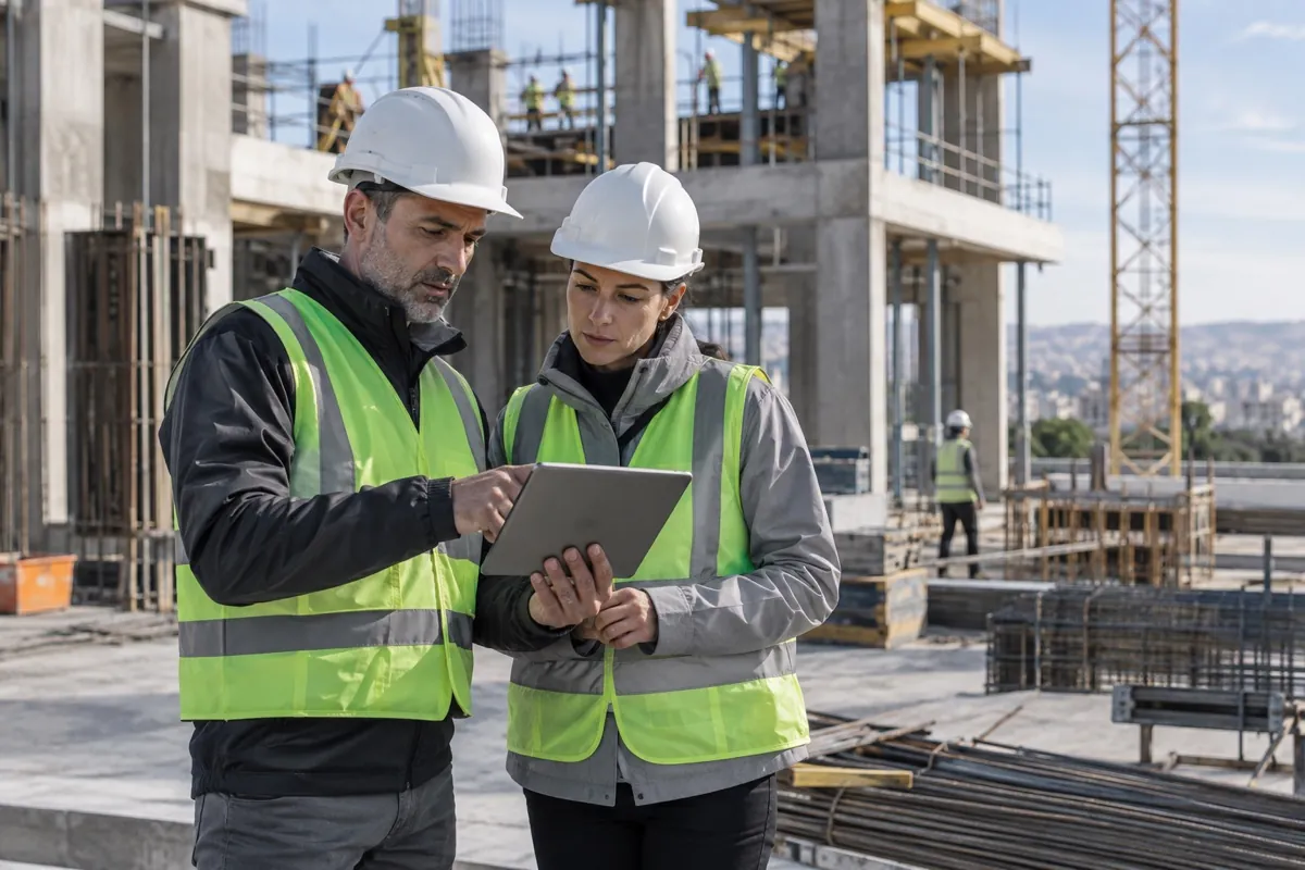 Construction professionals coordinating work on an active building site
