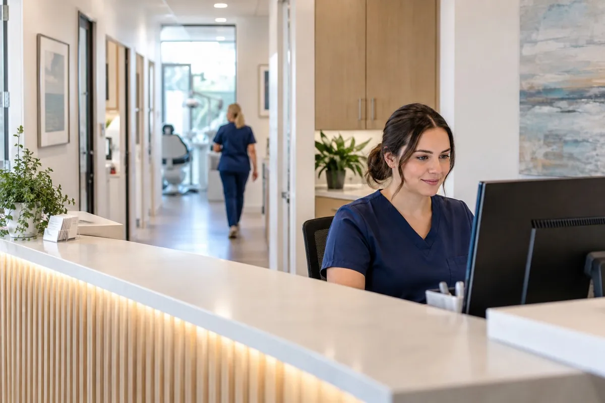 Front-desk professional coordinating a modern healthcare clinic
