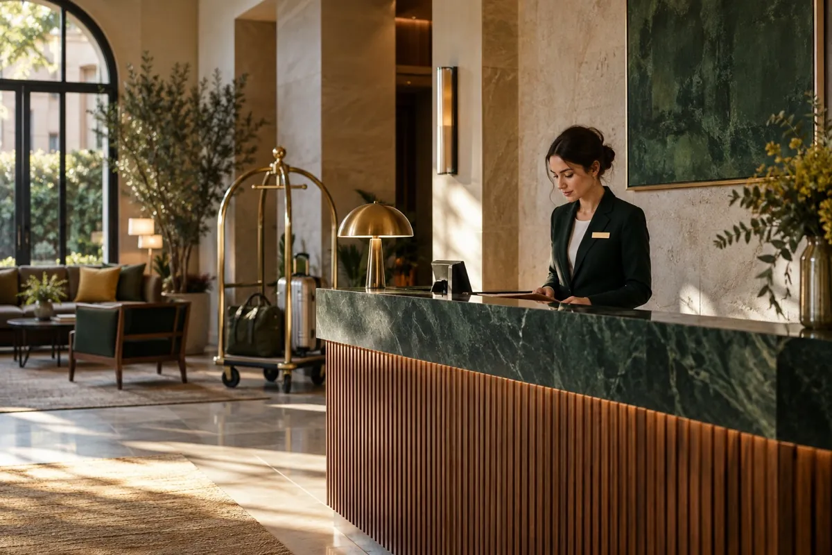 Hotel team member preparing a boutique reception desk