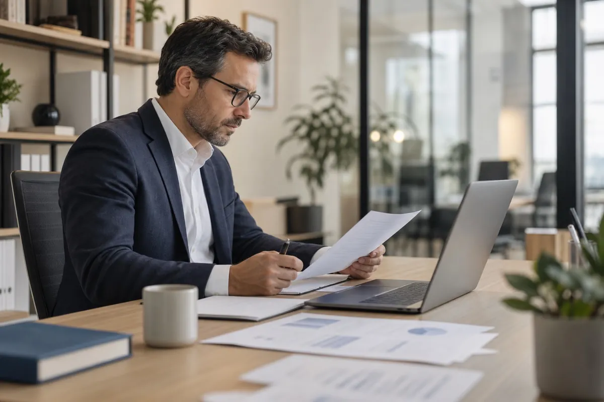 Financial professional reviewing documents in a modern office