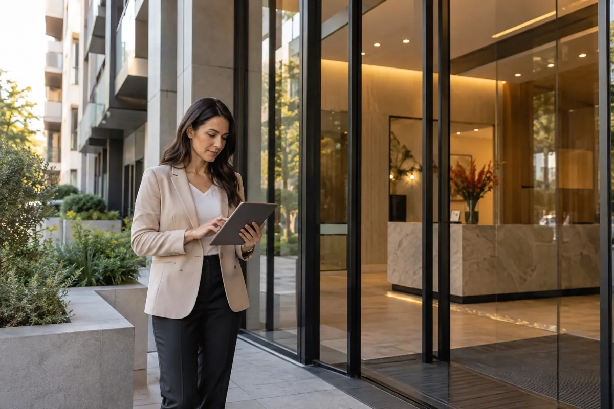 Property manager reviewing a tablet outside a residential building