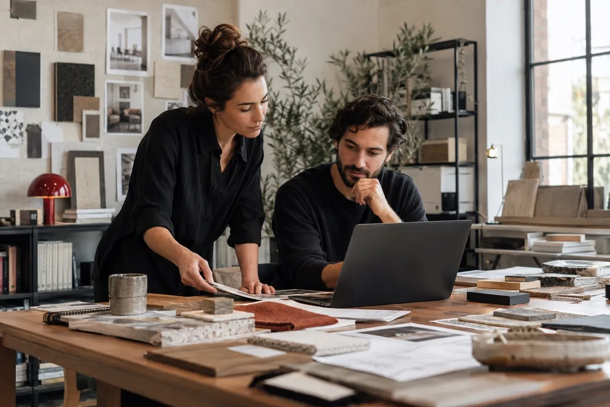 Two service-business operators collaborating in a design studio